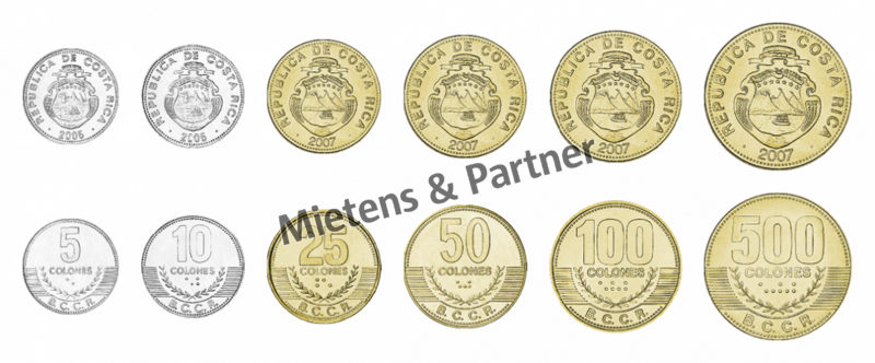 Costa Rica (Republik) 5, 10, 25, 50, 100, 500 Colones (11181)