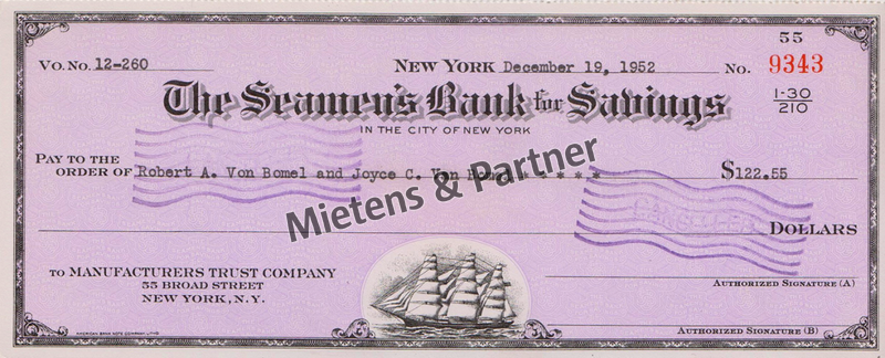 Vereinigte Staaten von Amerika (Präsidiale Bundesrepublik) Cheque (The Seamens Bank for Savings) (41269)