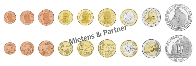 Vatican City State (Absolute Elective Monarchy) 1, 2, 5, 10, 20, 50 Euro Cent, 1, 2, 20 Euro (63580)