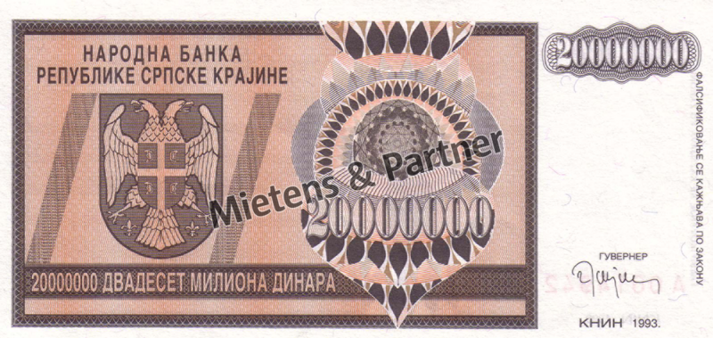 Croatia (Republic of Serbian Krajina) (Republic) 20 Million Dinara (03135)